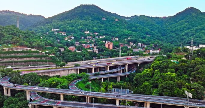 Aerial view of traffic convergence on highway viaduct