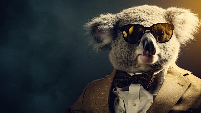 A sophisticated koala wearing a monocle and sunglasses, waltzing with charm and flair.. 