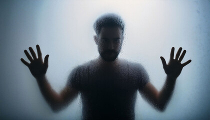 Silhouette person with hands pressed against a frosted glass pane, face obscured, droplets on the glass, Emotional Expression, Mystery.