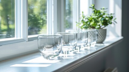 4 glass cups placed on the windowsill