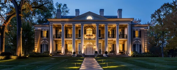 A classic colonial mansion exuding elegance and grandeur, with a grand entrance that welcomes visitors with its timeless charm.