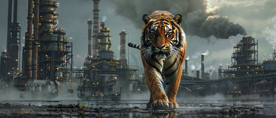 A tiger walking along a deserted street in an industrial area