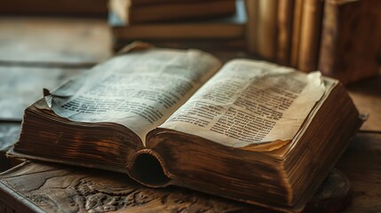 Open vintage book with aged pages displayed on an old wooden desk, exuding nostalgia