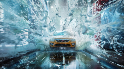 A car undergoing a thorough cleaning at an automatic car wash, modern cleaning facilities.