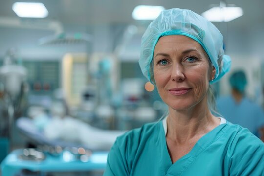 Confident surgeon in scrubs and surgical cap standing in operating room