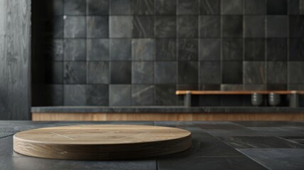 Black stone Podium background. Black Concrete Material place for the product Display Presentation. Kitchen, cosmetics, jewellery podium advertising mockup photography in luxury style.