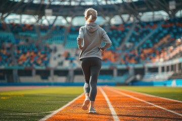 Fototapeta premium elderly woman in summer sport clothes jogging in the stadium. ai generated