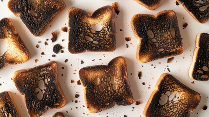 Overhead view of burnt toast pieces spread out, char patterns and crunchy textures, isolated background, professional studio lighting