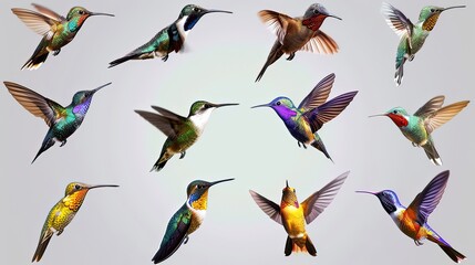 beautiful collection set of diffrent hummingbird birds in flight