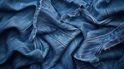 Overhead view of jeans fabric, frayed edges, emphasizing rich texture and depth, crisp lighting on isolated background, minimal shadows
