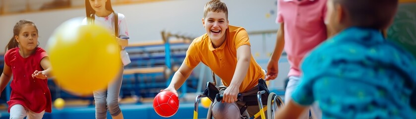 Disabled Child Joyfully Participating in Dodgeball Game with Friends in Gymnasium