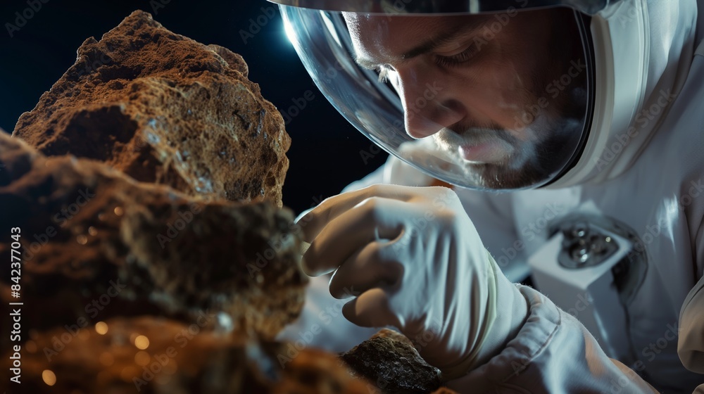 Poster a scientist in a lab coat and gloves is carefully examining a celestial rock, hinting at space explo