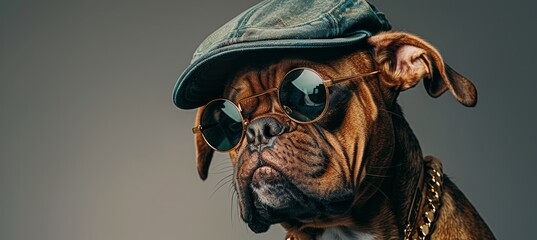 Gangster hip hop dog banner on gray background with copy space for stylish design projects