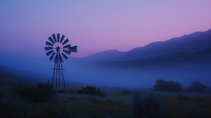 Rustic windmill silhouetted at dusk, tranquil landscape with mist-covered mountain backdrop, soft twilight colors blending