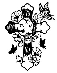 Lion in Cross with Floral & Butterflies Illustration, Jesus Christ Cut File, Judah Clipart, Religion Shirt Vector, Catholic Stencil, Easter Sunday