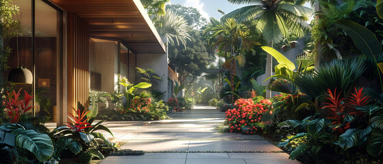 Fototapeta premium Bright tropical residence with a contemporary design and lush garden, octane , ,