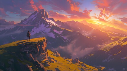 A person standing at the edge of a hill looking at the scenic mountain landscape at sunrise.