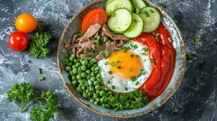 Colorful traditional korean bibimbap with beef, mixed vegetables, and a perfectly fried egg