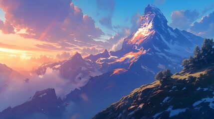 A scenic mountain landscape at sunrise.