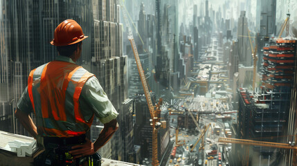 A focused structural engineer examines every detail of the foundations on a busy construction site, ensuring that the future skyscraper will stand on solid foundations.