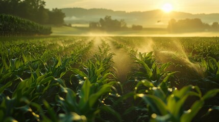Sprinklers spray arcs of water across a lush green cornfield at dawn, sunlight filtering through the mist to illuminate the dewy leaves
