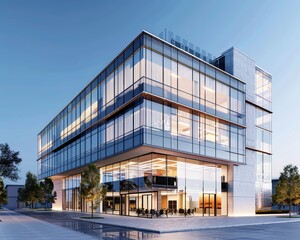 Obraz premium A sleek contemporary office building with a glass facade, reflecting the surrounding cityscape and embodying modern architectural design.