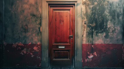 A closed door with the sounds of screams coming from behind it, suggesting conflict and tension inside.