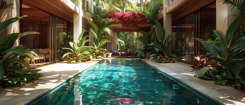 Bright tropical residence with a luxurious pool area and lush surroundings, octane , ,