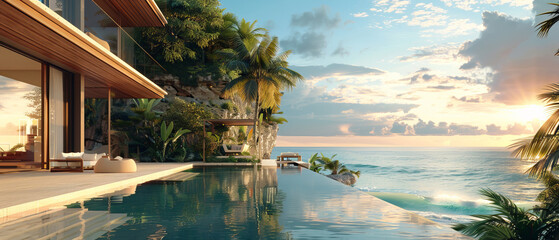 Bright tropical residence with a panoramic balcony and ocean views, octane , ,