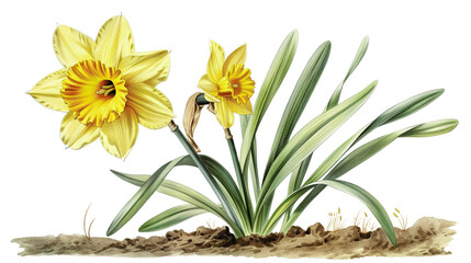 Illustration of yellow daffodil flowers with green leaves and soil base. Perfect for nature-themed projects and botanical studies. © Ndoomyim