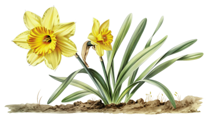 Illustration of yellow daffodil flowers with green leaves and soil base. Perfect for nature-themed projects and botanical studies.