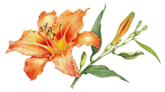 Beautiful hand-drawn orange lily flower illustration with green leaves and unopened buds on transparent background. - Powered by Adobe