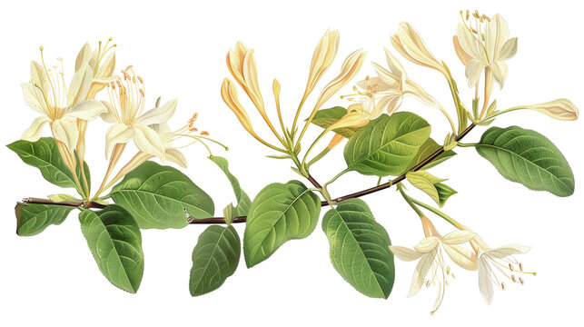 High-resolution vector illustration of a vibrant yellow honeysuckle branch in full bloom, perfect for botanical and floral designs.