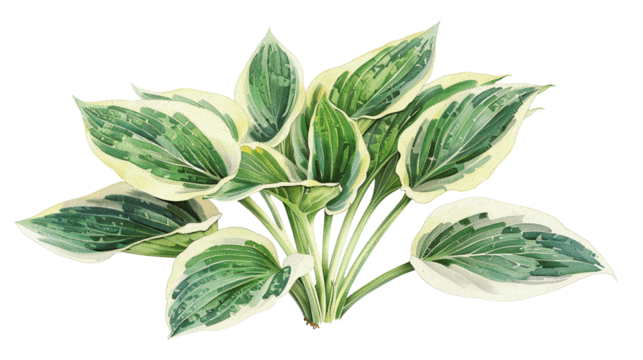 Illustration of a variegated Hosta plant with green leaves and distinct white edges, perfect for garden and botanical designs.