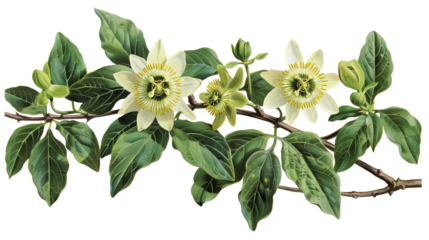 Illustration of white passionflowers with green leaves, depicting a botanical floral design, ideal for nature-themed decor or educational materials.