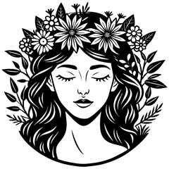 minimalist line art portrait of a woman with a wreath of tiny wildflowers and leaves forming a natural crown