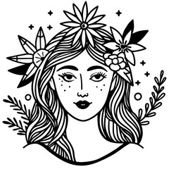 serene line art portrait of a woman with a simple wreath of wildflowers resting gently on her hair