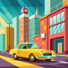 Classic yellow car on city.