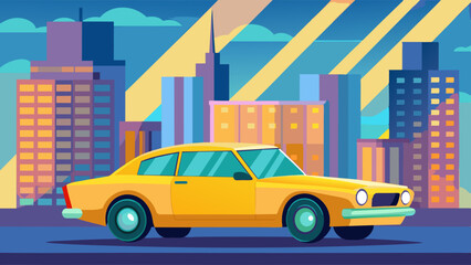 Classic yellow car on city.