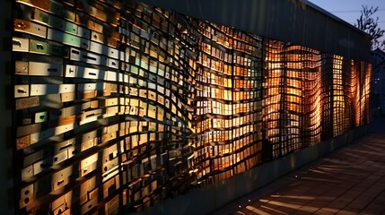A mosaic of railroad ties creates intriguing shadows, adding unique visual depth to any space.
