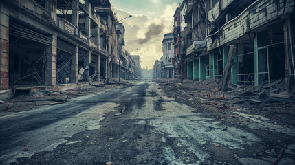 Empty street in a destroyed city. The apocalyptic landscape of the city center, reminiscent of a poster from a disaster movie. A city devastated by war, leaving only ruins and abandoned streets.