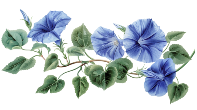 A beautiful illustration of blue morning glory flowers with lush green leaves, showcasing delicate petals and winding vines.
