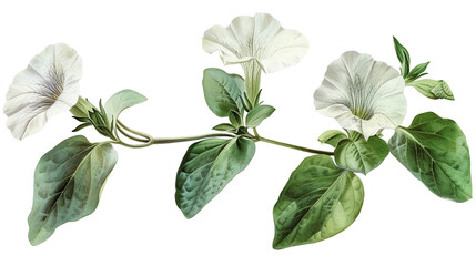 Beautiful illustration of white morning glory flowers with green leaves, perfect for botanical themes and nature-related designs.