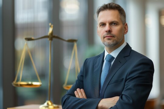 A male lawyer standing in front of a law scale, looking at the camera with crossed arms.