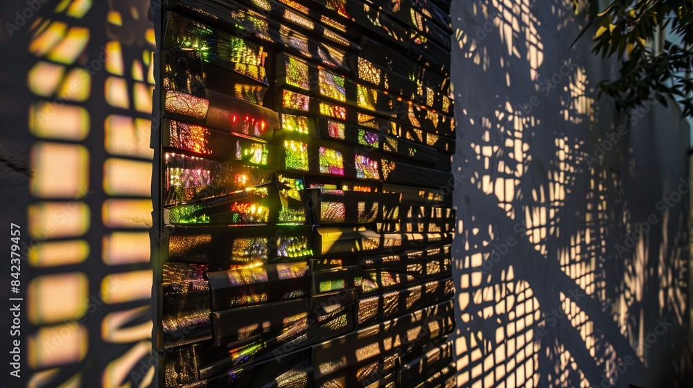 Poster a mosaic of railway ties casts intriguing evening shadows, creating a captivating texture on the wal