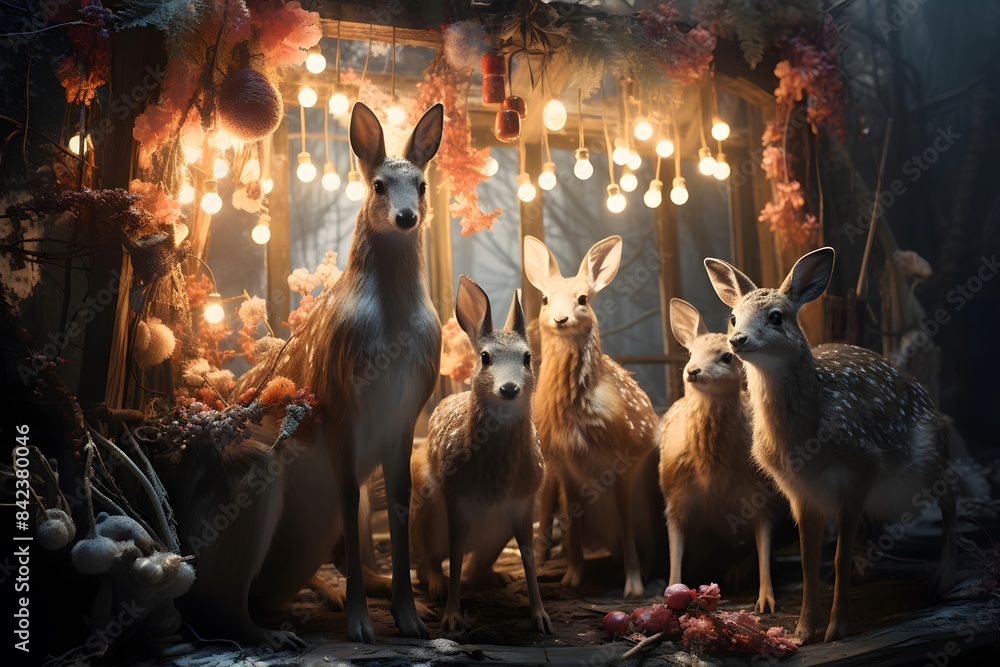 Wall mural christmas and new year decoration with deer and garland lights. 3d rendering - Wall murals