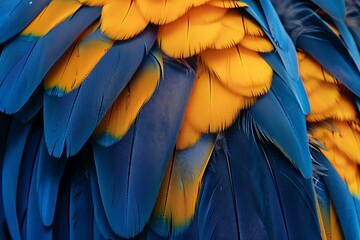 Fototapeta premium Closeup of blue and yellow macaw feathers, with the background in a deep navy blue.