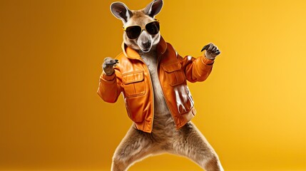 A jiving kangaroo with sunglasses dressed in a leather jacket and shades, showing off its dance skills with kangaroo hops.