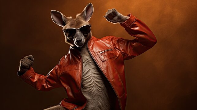 A jiving kangaroo dressed in a leather jacket and shades, showing off its dance skills with kangaroo hops.