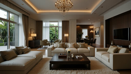 Fototapeta premium Living room interior adorned with comfortable sofas, inviting relaxation and gatherings in a stylish and welcoming space, room, living, furniture, apartment, interior, sofas.